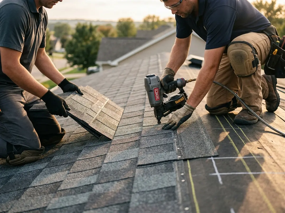 Professional roofer working on a residential roof in Holliston